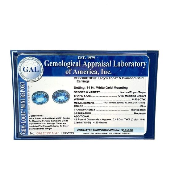 Natural Topaz Diamond Stud Earrings 14k W Gold 6.98 TCW Certified $3,950 311647 - Picture 9 of 9